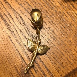 Vintage Rose Brooch Pin, metal gold tone rose with long stem